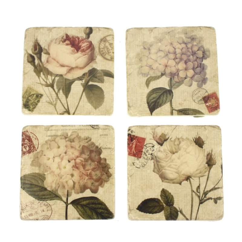 Onderzetters Rozen en hortensia, s/4 9,5x9,5cm