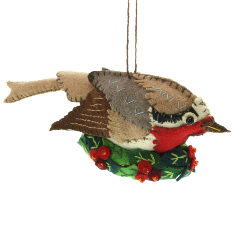 Roodborst op nest met hulst, vilt 15x3,5x5,5cm