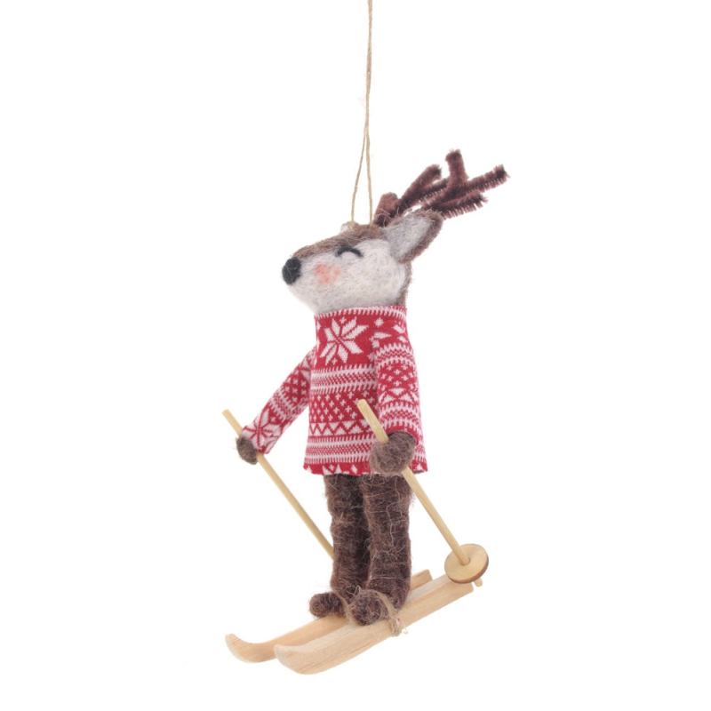 Hert met ski's hangend vilt 9,5x9x14cm