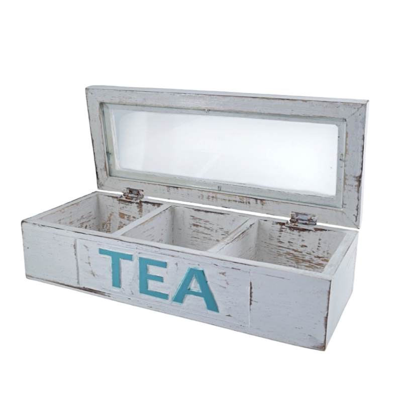 Houten Theedoos wit TEA turq drievaks