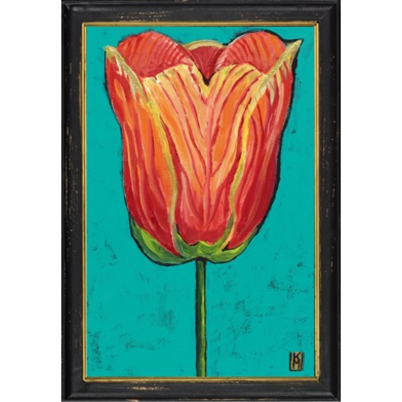 Lijstje hout zwart Geelrode tulp, 34x23,5cm