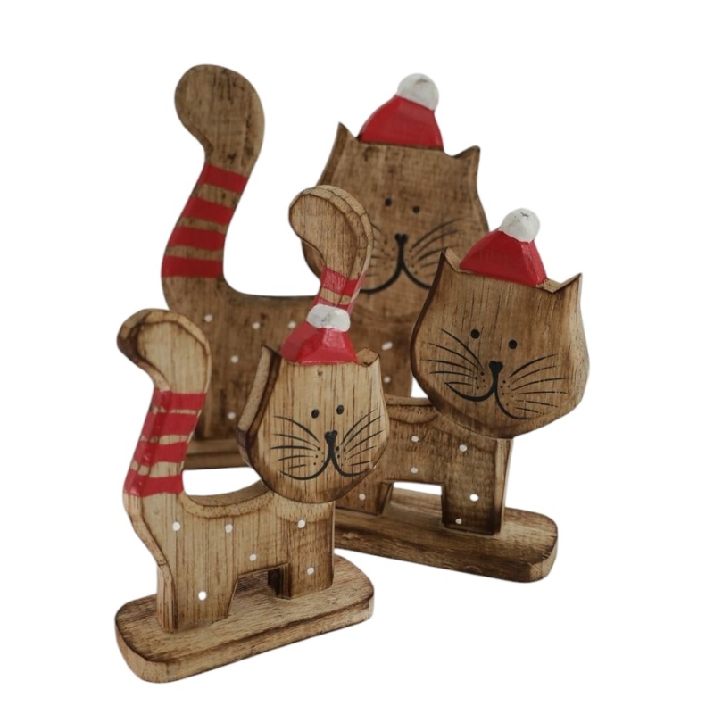 Set 3 katten rood/natur hout Pim