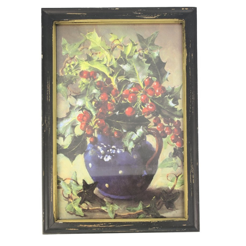 Lijstje hout zwart Hulst in vaas, 34x23,5cm