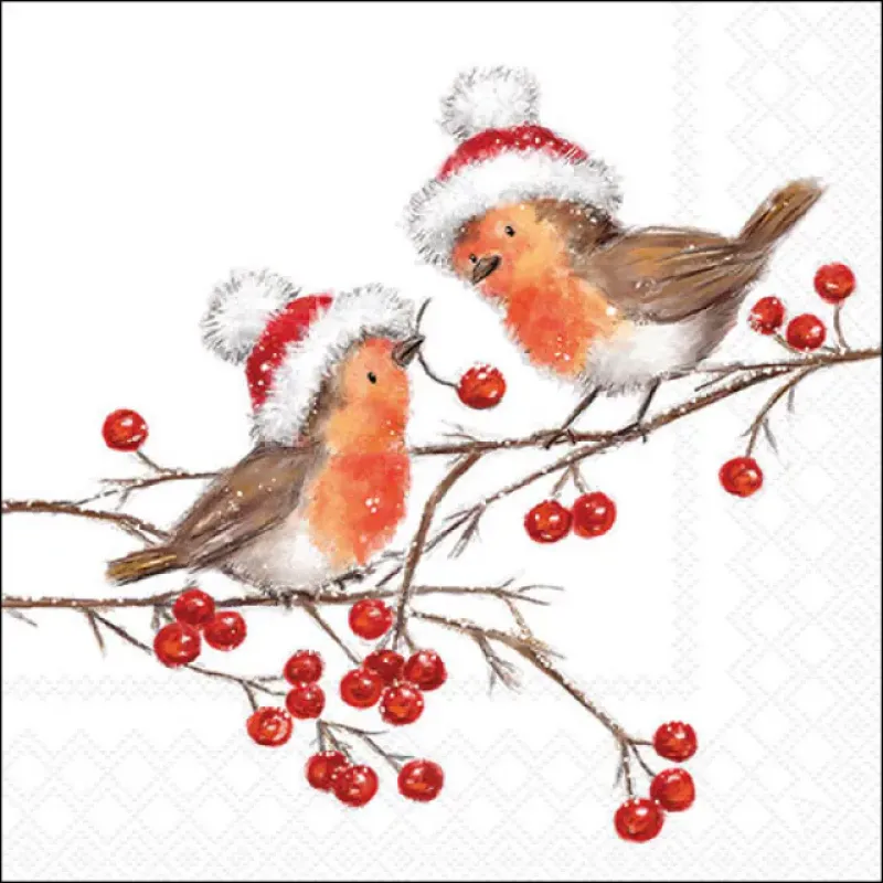 Servetten "Christmas robins white" 33x33 cm