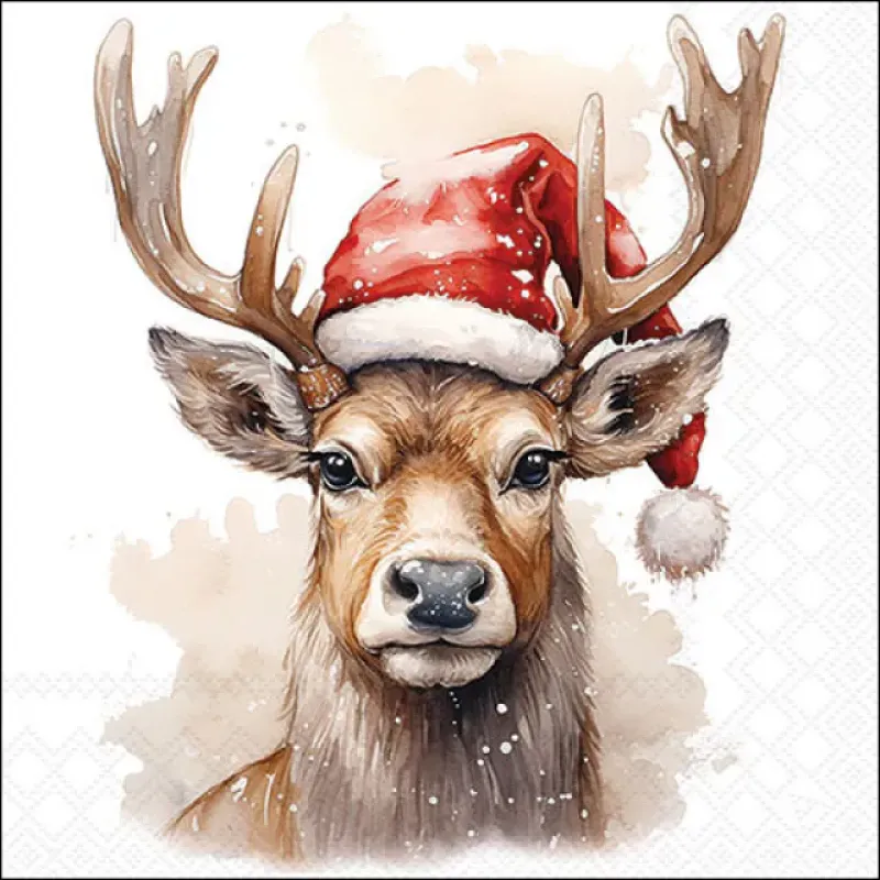 Servetten "Deer with Santa hat white" 33x33 cm