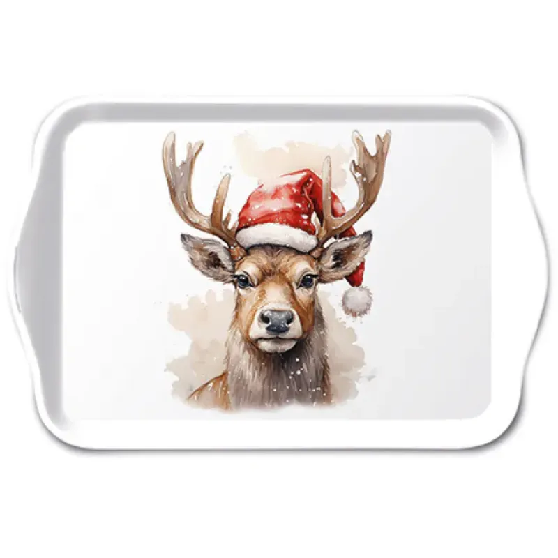 Dienblaadje "Deer with Santa hat white"