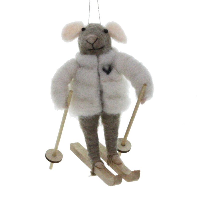 Muis in winterjas op ski's 8x9x12cm