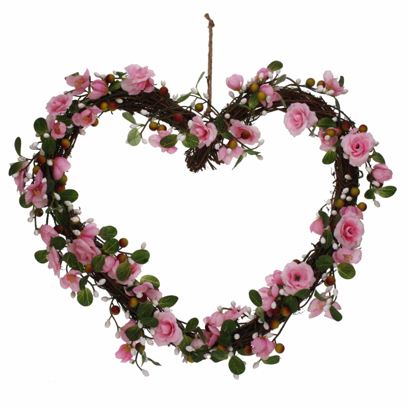 Krans hart met roze roosjes 45x10x40cm