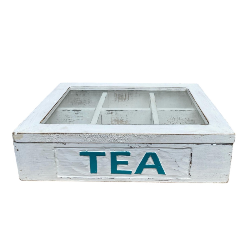 Houten Theedoos wit TEA turq zesvaks