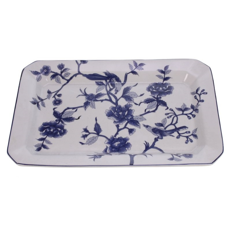 Schaal plat Bloemen/vogels blauw/wit 34x3x22,5cm