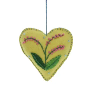 Hart geel Roze bloemen, vilt 6,5x2x7cm