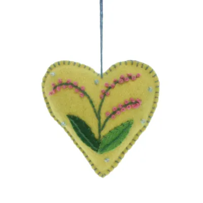 Hart geel Roze bloemen, vilt 6,5x2x7cm