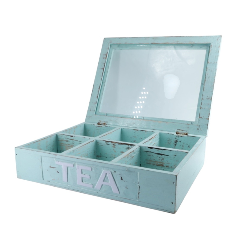 Houten Theedoos mint TEA wit zesvaks