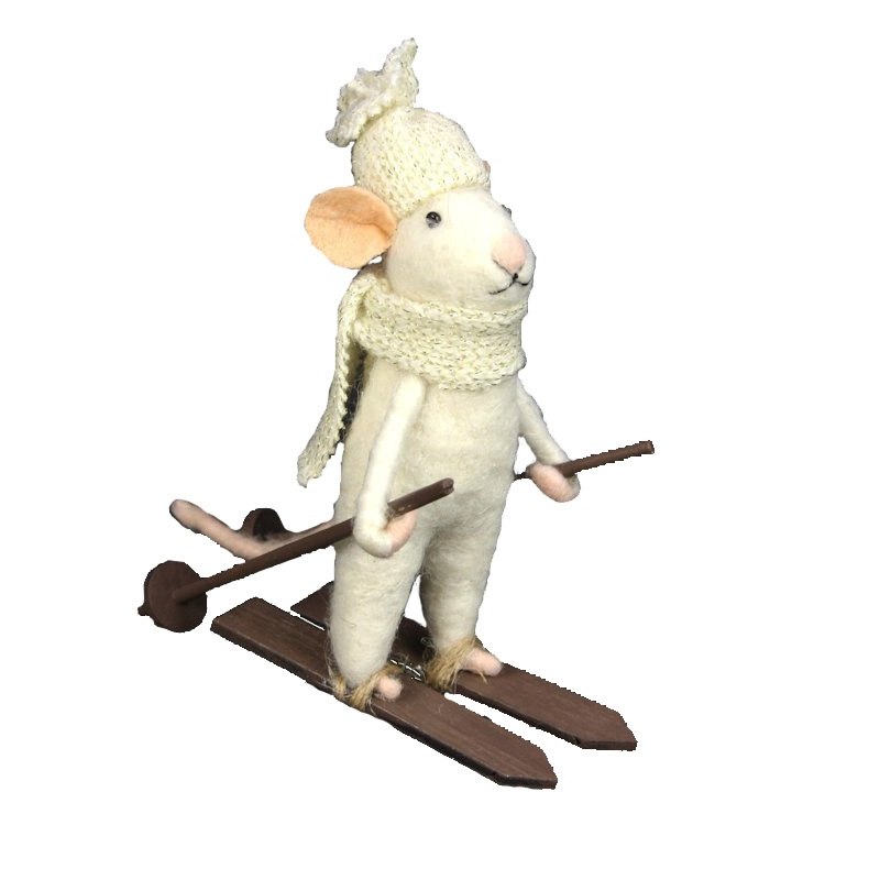 Muis met ski's en muts vilt 10x6,5x13cm
