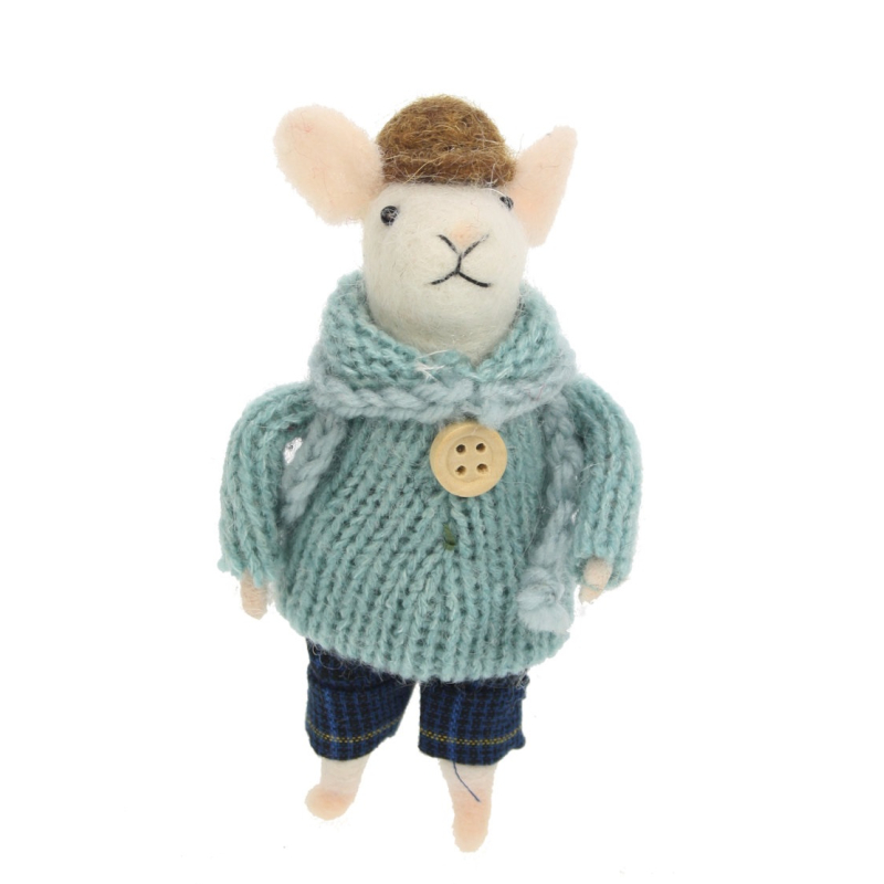 Muis met blauwe jas en pet vilt 6x8x12cm
