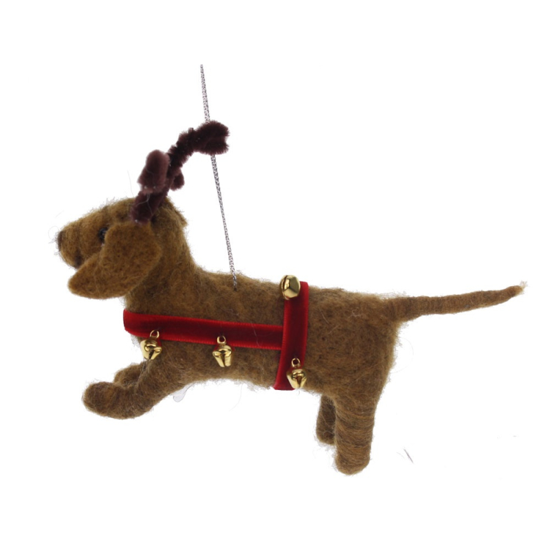 Hond met gewei/belletjes hangend vilt 4x14x10cm
