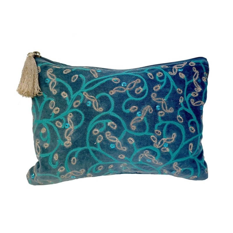 Etui fluweel blauw met geborduurde bloemen 26x19cm