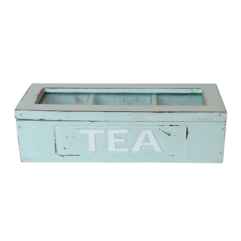 Houten Theedoos mint TEA wit drievaks