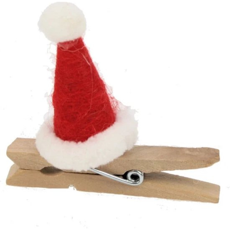 Kerstmuts op knijper vilt 6x3x5,5cm 6 stuks