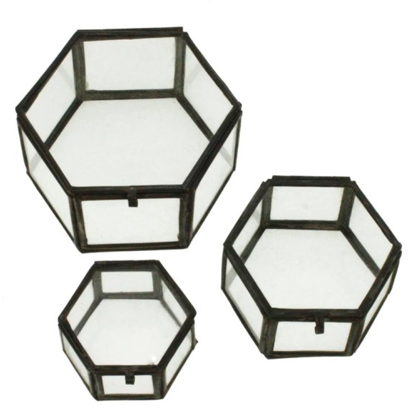 Doosje glas 6 hoekig met metaal zwart s/3 8x7,5x4,5cm