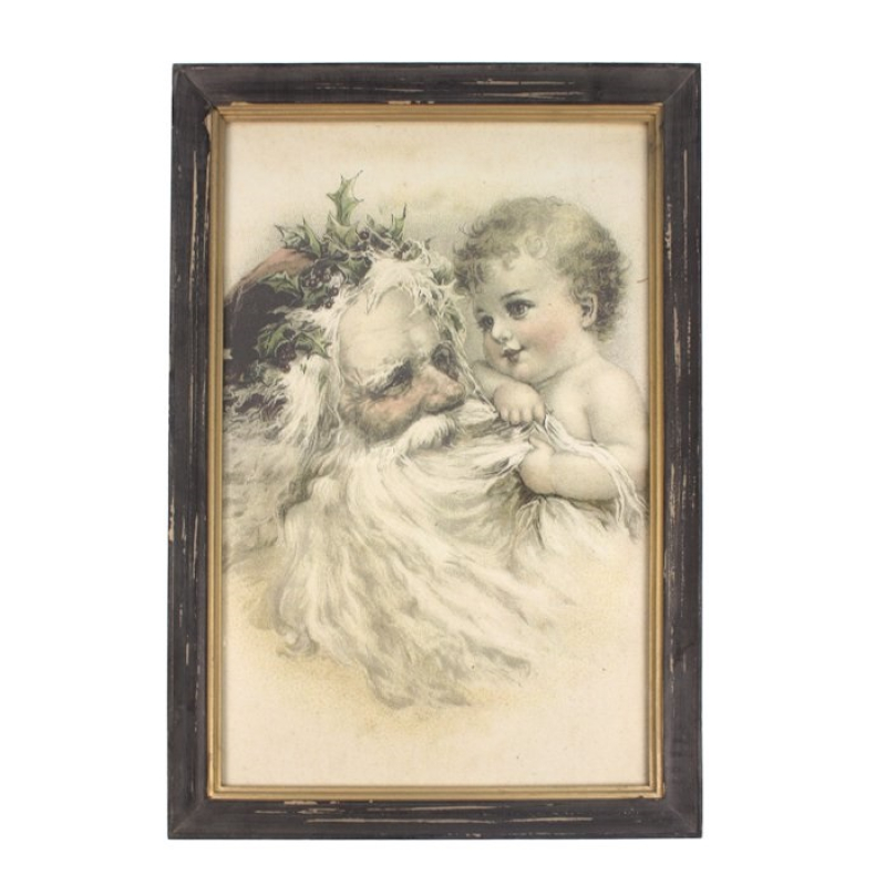 Lijstje hout Kerstman en kind, 33x23cm