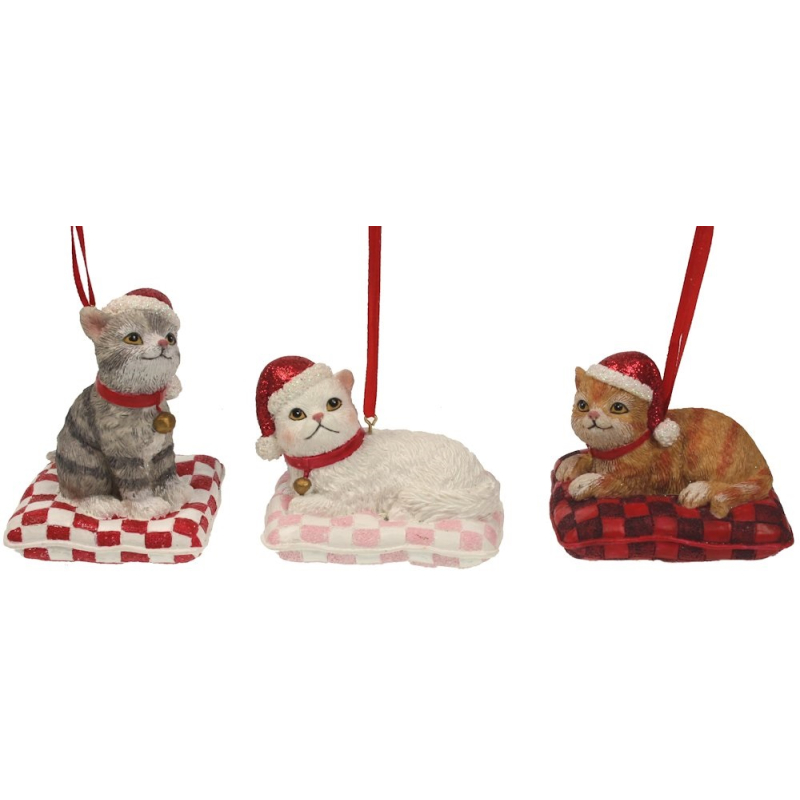 Ornament Kat op kussen 3ass. 6,5x5,5x7,5cm 3 stuks