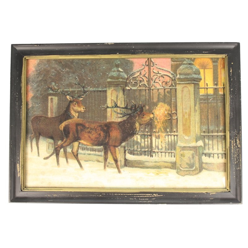 Lijstje hout zwart Herten bij poort, 34x23,5cm