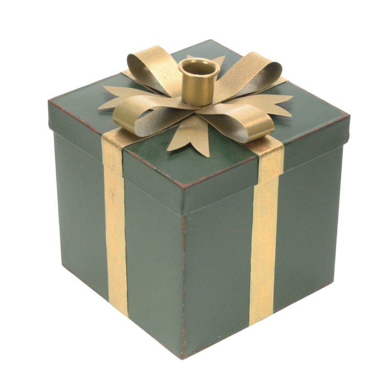 Kandelaar Cadeautje groen/ goud 15x15x18cm