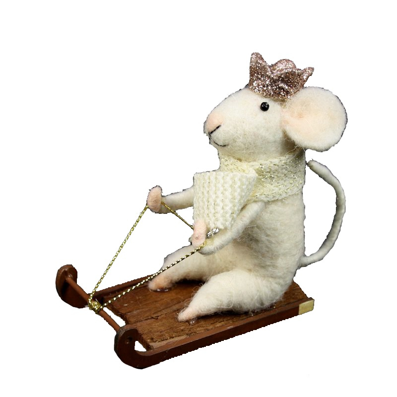 Muis wit aan het breien vilt 5,5x10x13cm