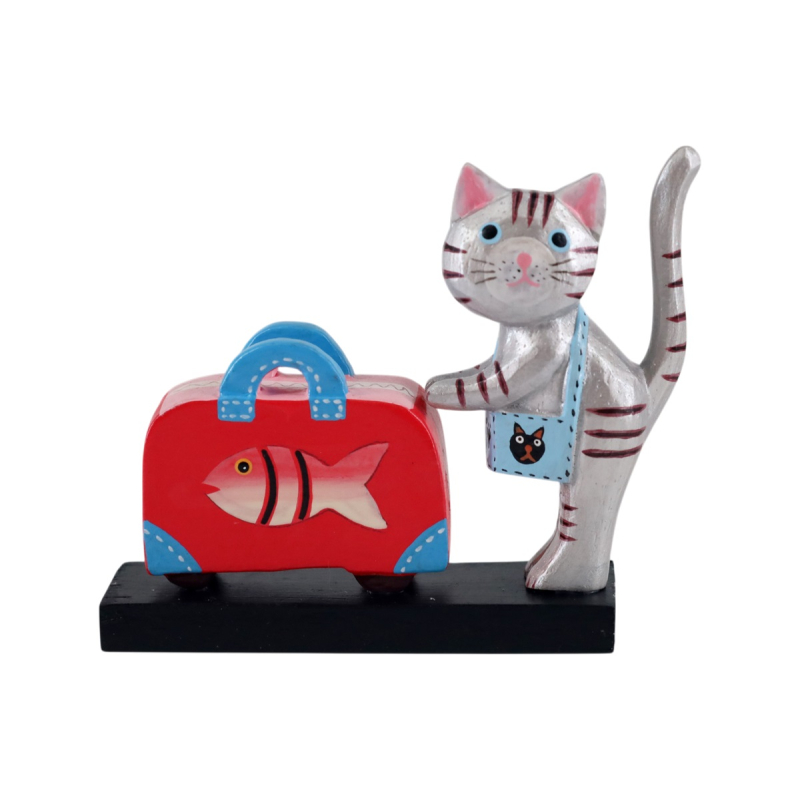 Kat Jessi grijs met rode koffer 10 x 12 cm