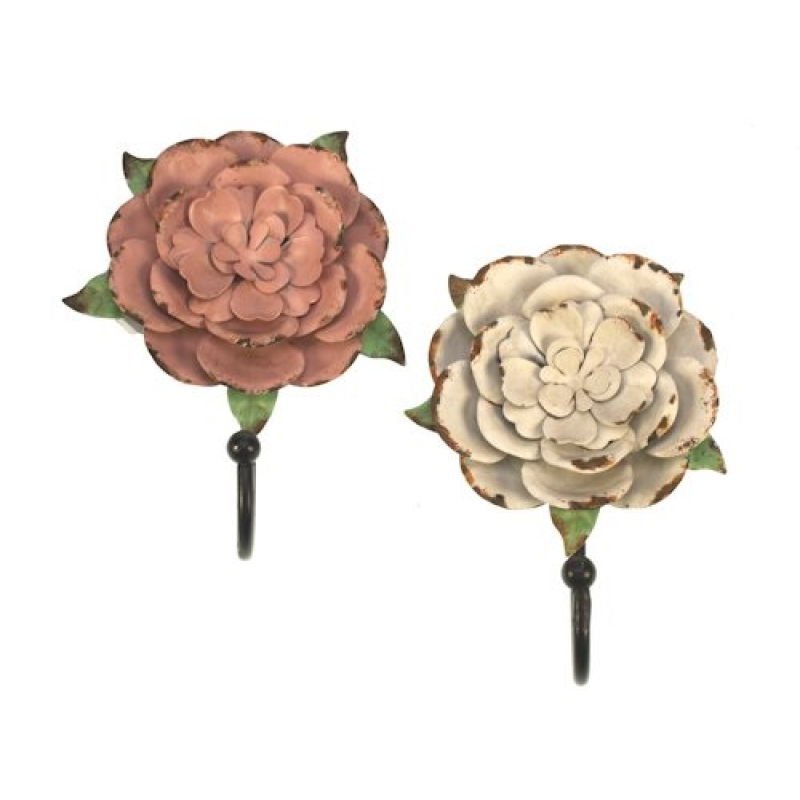 Wandhaak bloem roze en wit 2ass 13x5x18cm