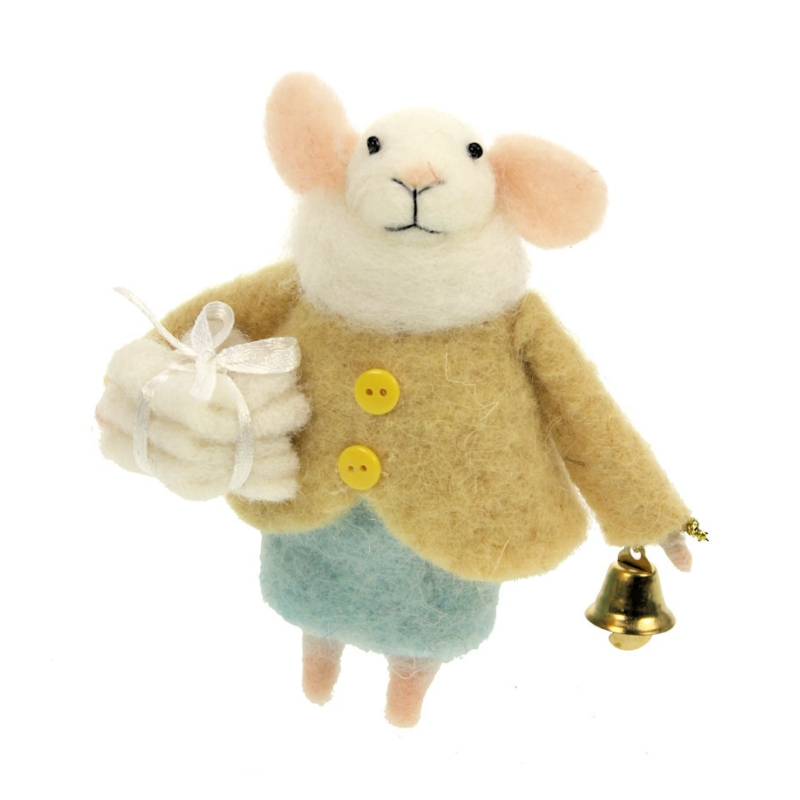 Muis met gele jas/cadeau/belletje vilt 10x9x12cm