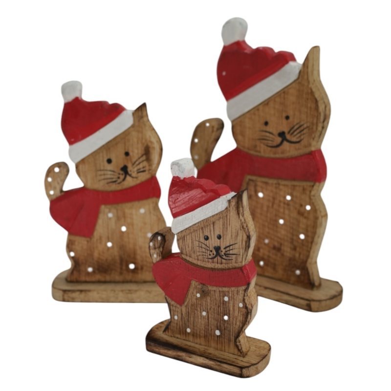 Set 3 katten natur/rood hout Carly
