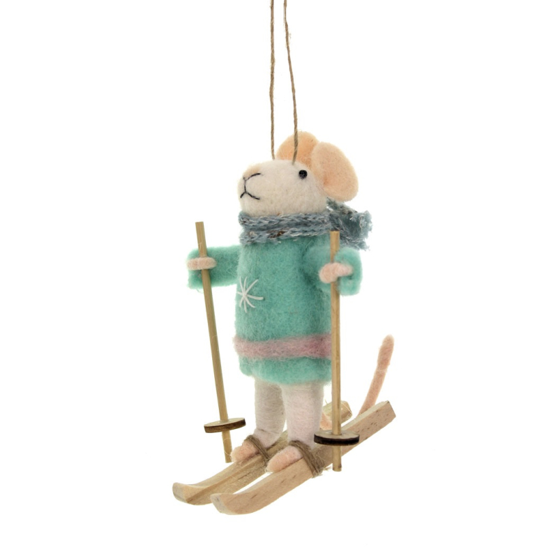 Muis met ski's turquoise jas hangend vilt 9x7x11cm