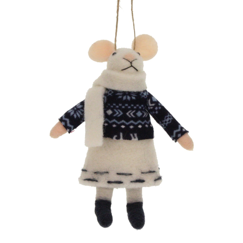 Muis met blauwe kersttrui en witte rok vilt 10x4x14cm
