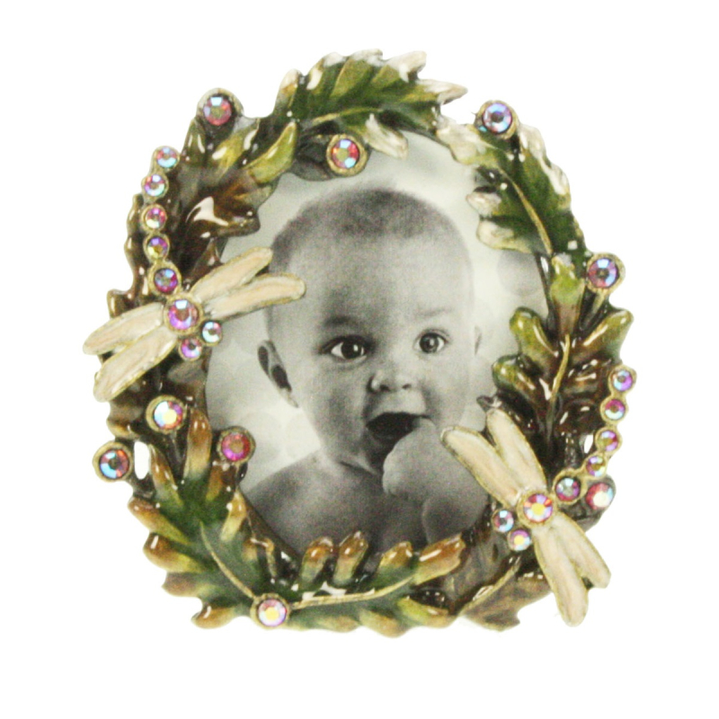 Fotolijstje mini rond groen/ roze libellen (Ø3cm) Ø7cm