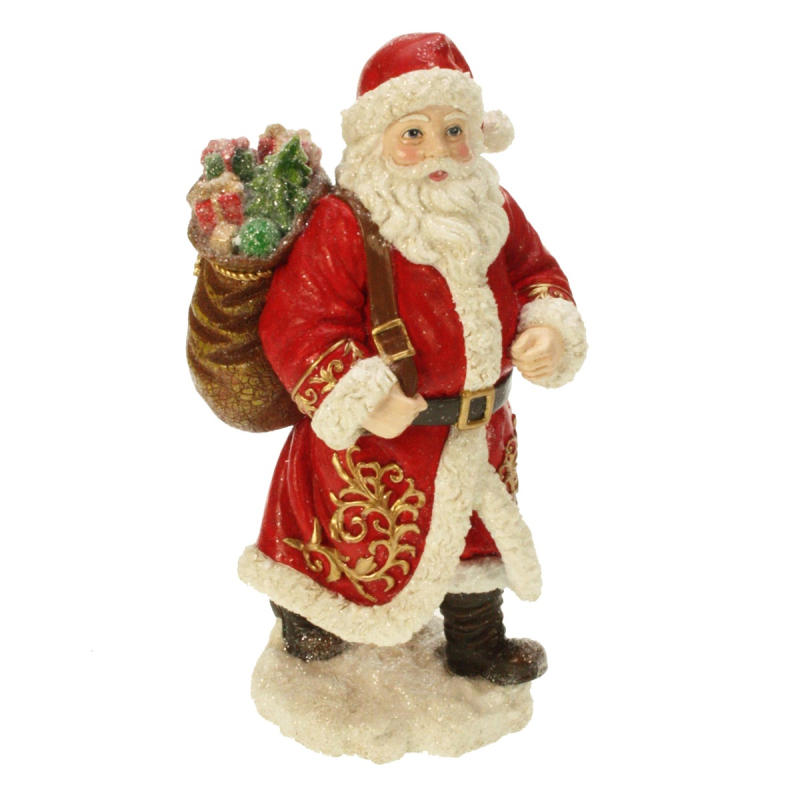 Kerstman lopend met cadeaus, glitter 23,5x14x10cm