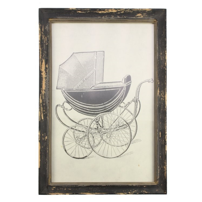 Lijstje hout Kinderwagen zwart/wit, 33x23cm