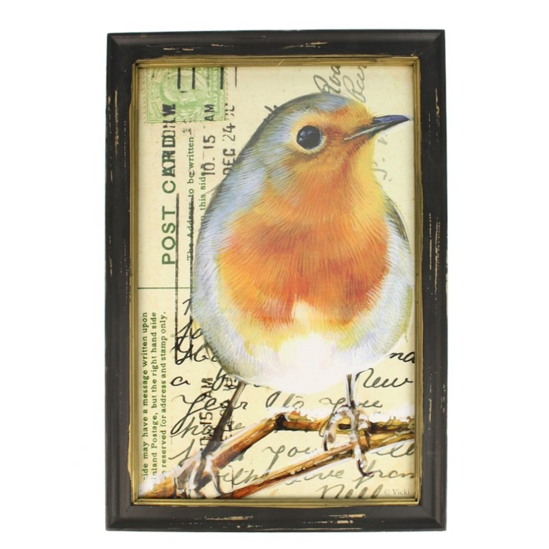 Lijstje hout zwart Roodborstje kijkt naar rechts, 34x23,5cm