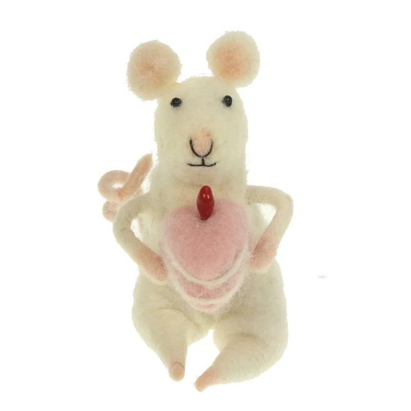 Muis met taart zittend vilt 7x7x11cm