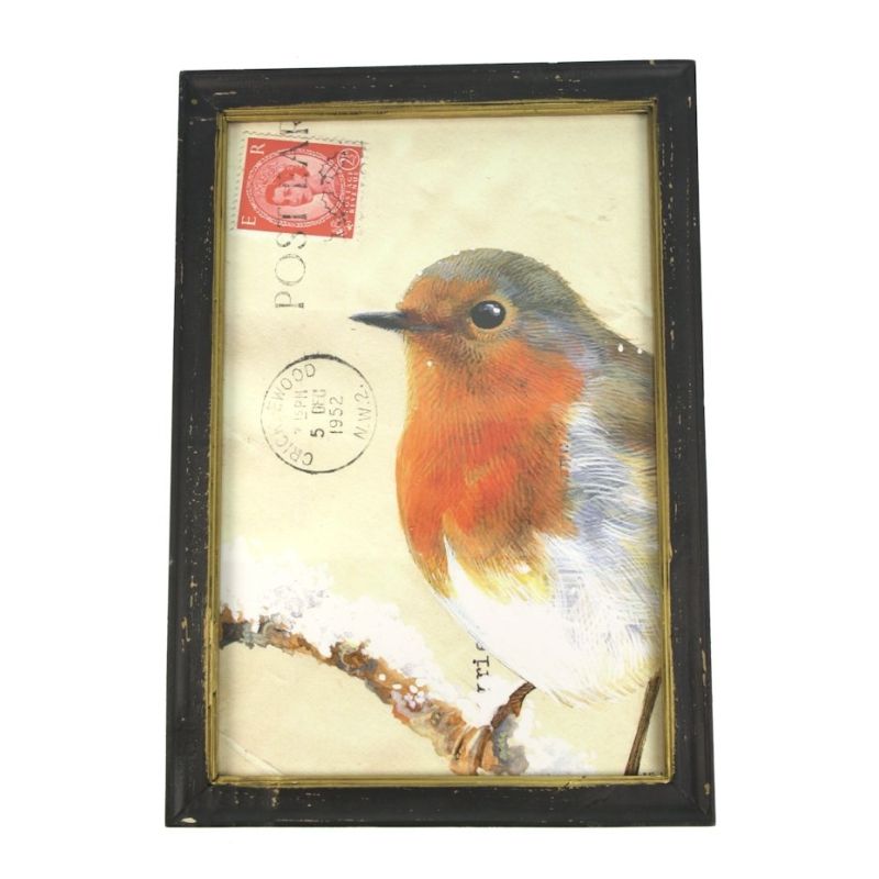 Lijstje hout zwart Roodborstje op tak sneeuw, 34x23,5cm