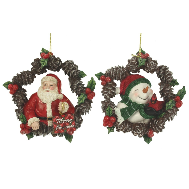 Ornament Kerstman/Sneeuwpop in krans, 2 stuks. 10x2x11cm