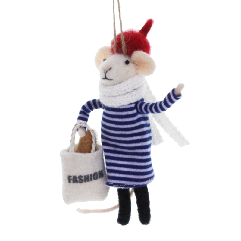 Muis blauw witte jurk met boodschappentas 9x7x14cm