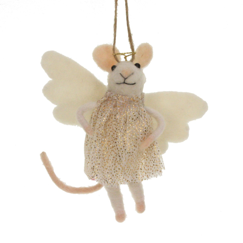 Muis met goud/witte jurk en vleugels vilt 12x8x14cm