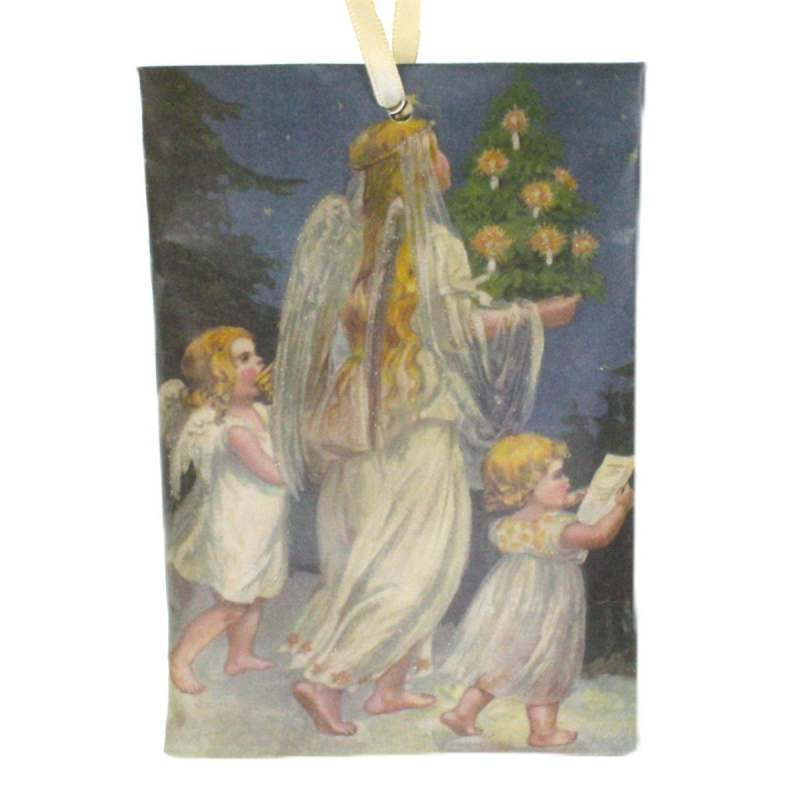 Geurzakje Engelen lopen met kerstboom (kaneel) 17x11,5cm