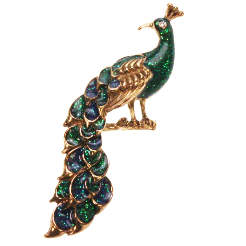 Broche Pauw groen/blauw/goudkleurig 4,5x7cm