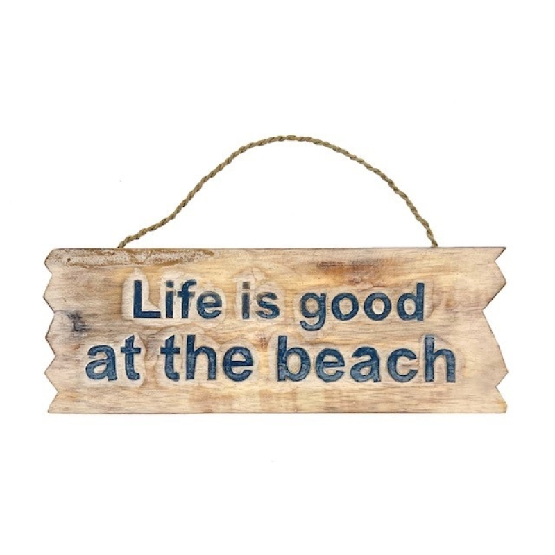 Houten tekstbord Dio Life is better beach dblauw