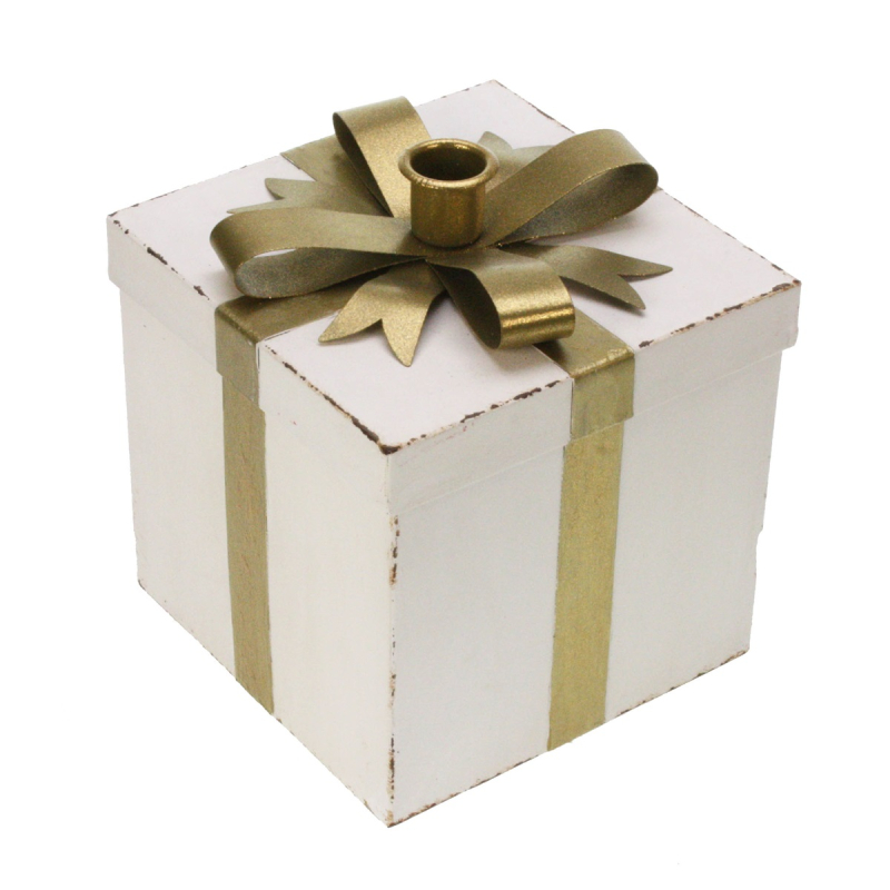 Kandelaar Cadeautje wit/ goud 15x15x18cm