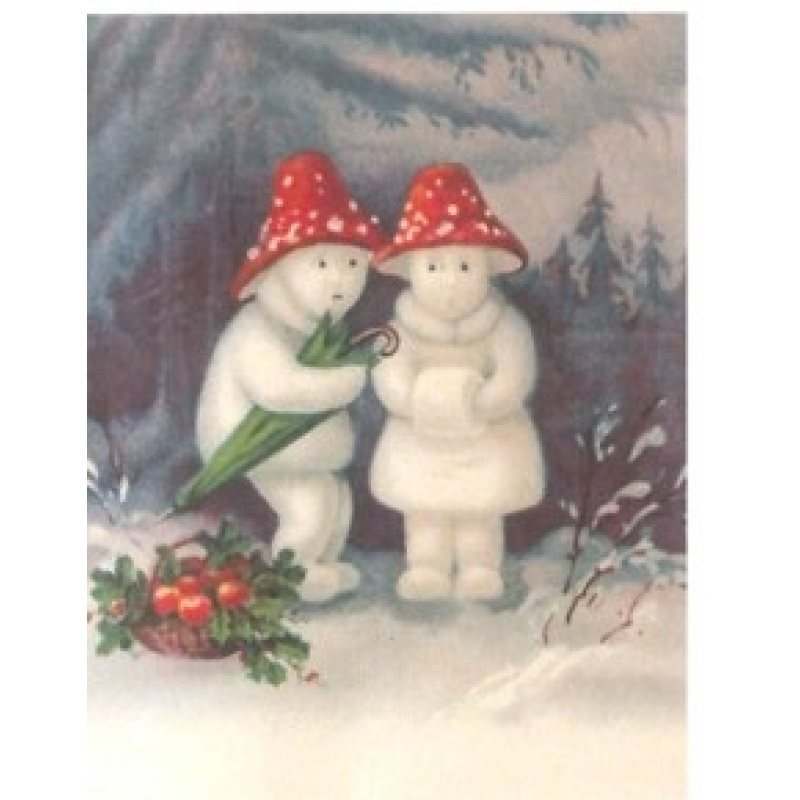 Cadeaukaart met env. Sneeuwkoppel met paddenstoel muts 7x9cm