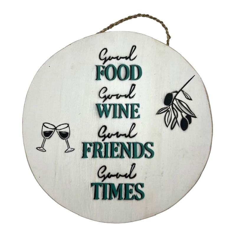 Houten tekstbord Daria Good Food wit rond